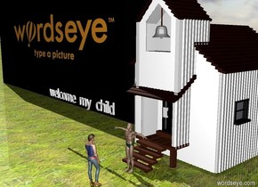 there is a man in front of the school.
There is a woman 4 feet in front of the man. The man is facing the woman.
The woman is facing the man.
There is a very big [wordseye] wall next to the school.
There is "welcome my child" above and to the left of the man.
the ground is grass


