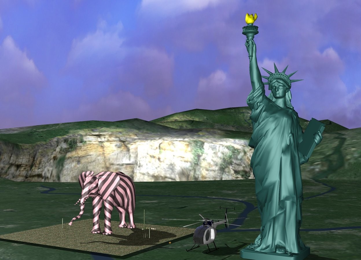 Input text: The large pink striped elephant stands in a field of grass.

The helicopter gives a hamburger to the statue of liberty