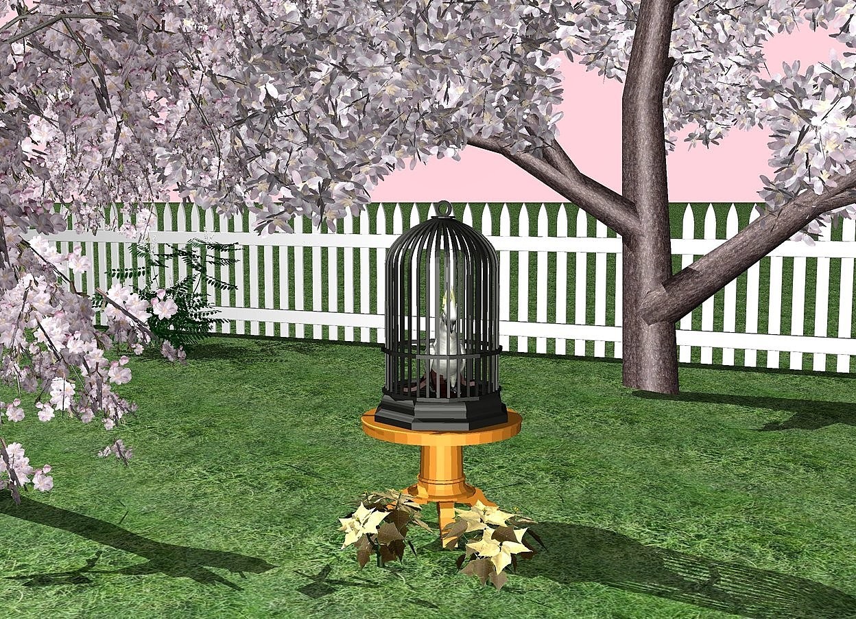 Input text: There is a cage.
The bird is in the cage.
The cage is on the small table.
The ground is grass.
The ground is unreflective.
The first tree is behind the table.
The first flower is in front of the table.
The second flower is to the right of the first flower.
It is facing west.
The bird is facing the second flower.
The second tree is left of the table.
The sky is light pink.
There is an extremely long fence 10 feet behind the table.
The first bush is in front of the fence.
The bush is on the ground.
The first bush is to the left of the first tree.
There is a small dull silver light 100 feet above the cage.
