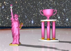 statue of liberty.
its body is [bestpink].
its base is gold.
its torch is white.
its book is gold.
its book is shiny.
its fire is [bestpink].
its chain is [gold].
a skull.
it is [bestpink].
it is 1.20 meters wide.
it is -5.75 meters above the statue of liberty.
it is -2.4 meters in front of the statue of liberty.
it is -2.83 meters to the left of the statue of liberty.
a [bestpink] trophy is 5 meters northeast of the statue of liberty.
its shaft is [bestpink].
it is 15 meters tall.
the ground is [nasa].
the sky is [gaze].