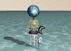 The golden cage is on the wooden table. 
The small lamp is inside the cage.
The ground is the blue water.
The sky is the sand.
The small Moon is near the cage.
The small Earth is on the cage.
The light is inside the lamp.
The Moon is black.
The small alien is near the table.
The  Alien is under the Moon.