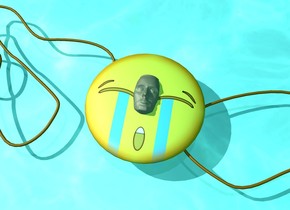  the ground is water. the emoji is face up.  the head is -7 inches above the emoji. the head is face up.rope is -5 inches to the left of the emoji.a 2nd rope is -5 inches to the right of the emoji. the ambient light is turquoise. the camera light is dim.