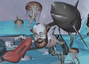 The man is  48 feet above the ground.

The man is leaning to the right.

The very big gray shark is behind the man.

The shark is leaning to the left..
 
the blue light is 100 feet above the ground.

The first huge jellyfish is 51 feet above the ground and 10 feet to the right.

The third very huge jellyfish is 51 feet above the ground and 14 feet to the right.

The second  huge jellyfish is under the shark.

the big red shoe is in front of the man.

the red shoe is leaning left.





