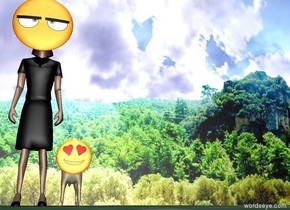 An emoji is inside the woman. the emoji is 0.01 centimeters in front of the woman. a dog is on the right of the woman. a small emoji is inside the dog. the emoji is 0.45 centimeters in front of the dog.the emoji is -10 centimeters above the dog. it is noon. There is a forest behind the dog.
