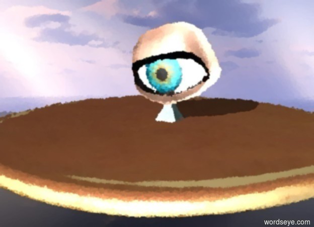 Input text: It is day. The enormous pancake is 100 meters above ground. The ground is invisible. The enormous eyeball is 0.1 meters above the pancake. The eyeball is facing left. The small turquoise sandstone pyramid is on the pancake facing left.