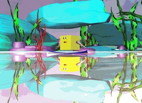 There is a large silver lake.
there is a large yellow cube on the lake. there are 2 large eyes in front of the cube. the eyes are 1.5 feet above the lake.
there is a large mouth 10 centimeters under the eyes. there is a hand on the left of the yellow cube. the hand is leaning 60 degrees to the left. there is a hand on the right of the yellow cube. the hand is leaning 60 degrees to the right.
a boat is under the yellow cube. it is noon.