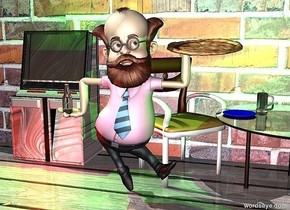 a man. a pizza is 4.2 feet above the ground and -1.3 feet right of the man. it is leaning 10 degrees to the front. a [glass] jukebox is 1 feet behind and left of the man. a  [brick] wall is behind the jukebox. the ground is [wood]. a table is in front of the wall and right of the man. a chair is -0.5 feet left of the table and in front of the wall. it faces southeast. a blue plate sits on the table. it is -1.2 feet left of the table. a mug is behind and right of the plate. 1st green light is on the mug. a red light is in front of the jukebox. 2nd green light on the jukebox. a bottle is 2.3 feet above the ground. it is -0.6 feet left of the man.