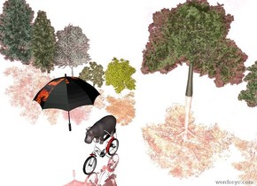 the small hippo is -1.5 feet above the bicycle.
the big [texture] umbrella is left of the hippo.
the silver ground is water. The umbrella is facing right.

there are 10 tiny trees 10 feet behind the bicycle.