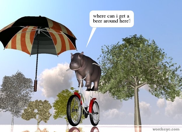 Input text: the small hippo is -1.5 feet above the bicycle.
the big [texture] umbrella is left of the hippo.
the silver ground is water. The umbrella is facing right.

there are 10 tiny trees 10 feet behind the bicycle.