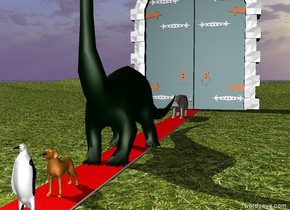 A dinosaur is on a 500 foot long red path.there is a dog in front of the dinosaur. There is a penguin a foot in front of the dog. There is a hippo a foot behind the dinosaur. There is a bird 9 feet behind the hippo. There is a huge door behind the bird. The ground is grass.