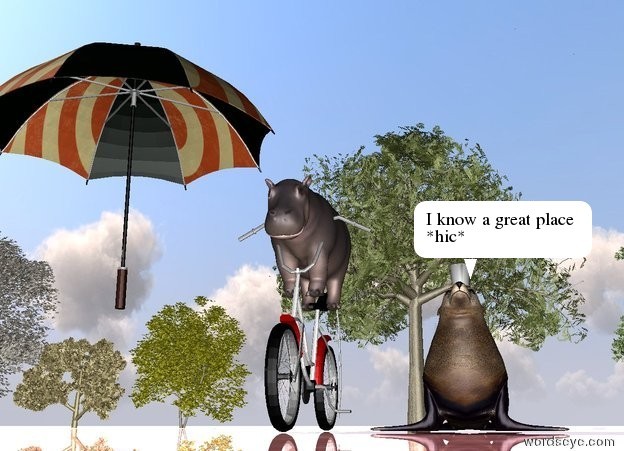 Input text: the small hippo is -1.5 feet above the bicycle.
the big [texture] umbrella is left of the hippo.
the silver ground is water. The umbrella is facing right.

there are 10 tiny trees 10 feet behind the bicycle.
there is a small australian fur seal on the right of the bicycle. there is a cup on the australian fur seal.
