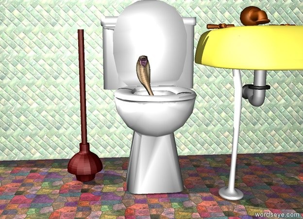 Input text: Small Snake is in a large toilet. the ground is tile. a tile wall is behind the toilet. a large plunger is left of the toilet. a tall sink is right of the toilet. the clown is matte.