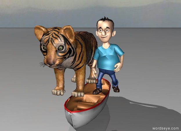 Input text: a boy and giant tiger on top of a boat