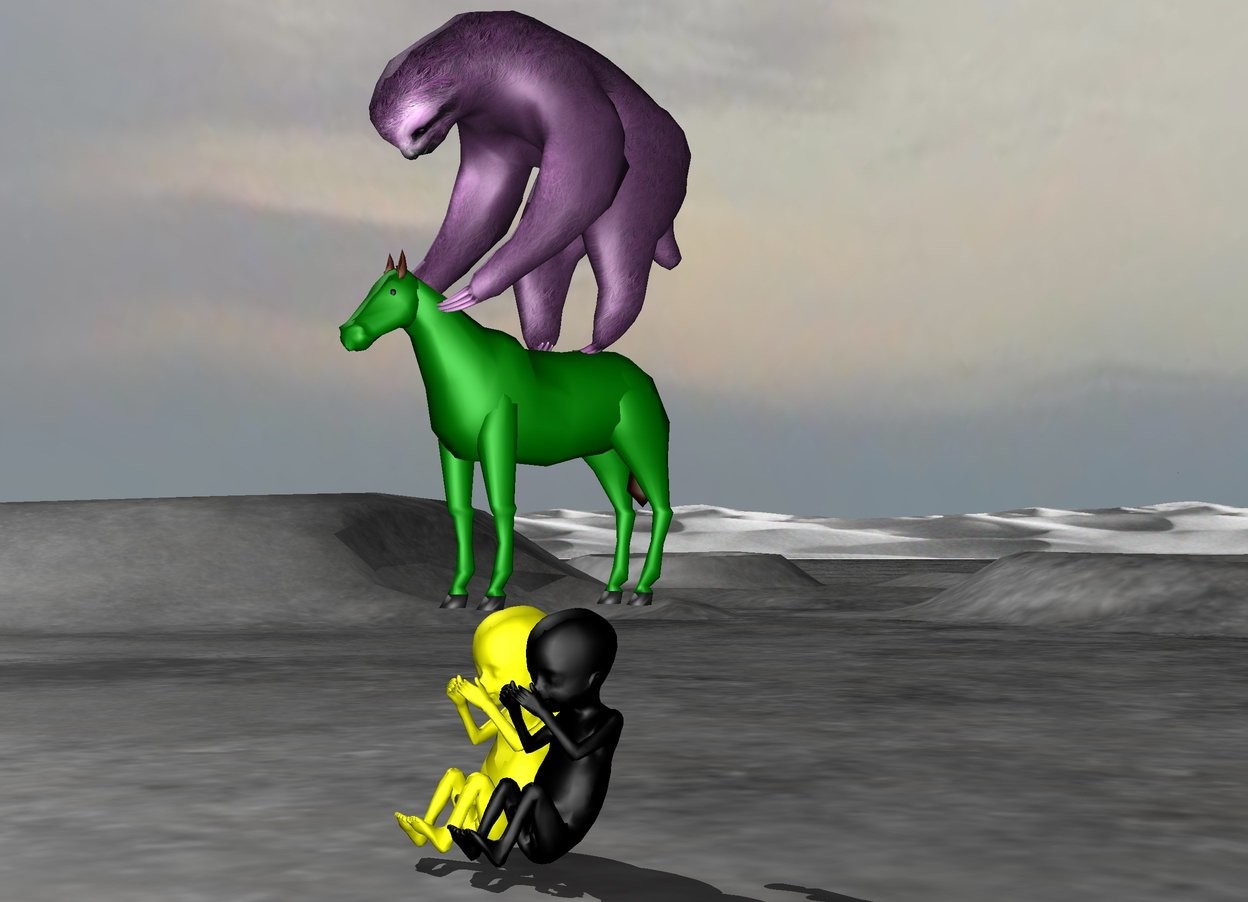 Input text: A 5 foot tall yellow baby. A 5 foot tall black baby. A 7
 foot tall purple sloth. A green horse. . The sloth is on top of the horse. The sloth is upside down. The horse is on the babies. 
