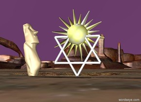 The Purple sky with a Star of David. in the middle of the Star of David is a small sun symbol. There is a tiny statue 6 inches next to the Star of David. The tiny statue is facing the Star of David.