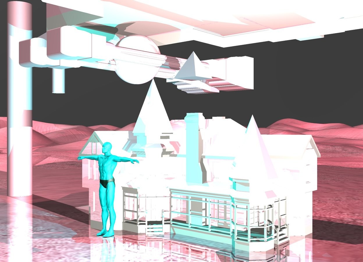 Input text: cyan swimmer. the ground is pink. pink building column. little house. house is pink. swimmer is in front of house. building column is above the house. a pink column is above the house. another pink column. a big shiny pink globe above the house. the column is above the house. the column is facing down. a big pink pyramid above the house. a pink column above the house facing down. a pink building column above the house facing down. sky is dark black. pink light above the house. cyan light above the swimmer. house is shiny. ground is shiny. pink light above the ground. a big pink column. a pink house above the globe