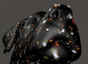 the [sky] texture is on the dog. the texture is 1 inch tall. the rocket ship is -6.7 inches above and in front of the dog. it is -7.4 inches to the right of the dog. it is .5 inches tall. it is facing backwards. it is leaning 20 degrees to the front. the red artichoke is -.18 inch under the rocket ship. it is -.25 inches to the left of the rocket ship. the artichoke is .7 inch long. it is .05 inch deep and .05 inch wide. it is upside down. it is leaning 20 degrees to the back. the [sky] texture is on the sky. the "in" is .5 inches above the rocket ship. it is .2 inches tall. the "out" is .5 inch to the left of the "in". it is .2 inches tall.