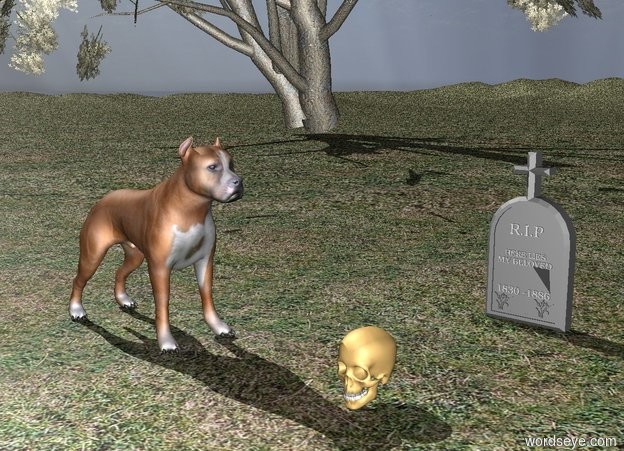 Input text: the big dog is facing east. the bone is 2 feet away from the dog. the  bone is to the right of the dog. the tombstone is 4 feet to the north of the bone.the giant tree is 2 feet northwest of the bone. the ground is grassy. the sky is cloudy


