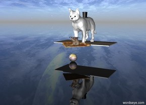A rainbow sphere. There is a huge slice of pizza a foot above the sphere. The sky is black. The ground is transparent. There are stars in the sky. A nebula is in the top left. The large rat is on the pizza. Sunglasses are on the rat. A carpet is behind the pizza. A huge cat is sitting on the carpet. The cat is white. A top hat is on the cat.