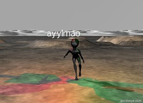 A huge green light is above the space alien.

The sky is grey.

The space alien is on the ground.

The ayylmao is above the alien .

The space alien is 10 feet tall.

There is a small red light above the ayylmao.