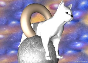 An  enormous white cat is inside the enormous moon. the moon is 900 feet above the ground. ground is silver. the sky is [texture]. [texture] is 1100 feet tall. there is an enormous donut inside the cat.