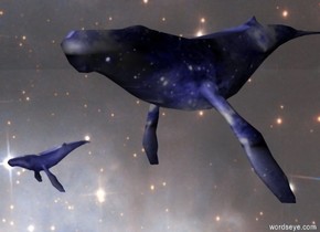The sky is  [space] image.
The ground is silver.

There is a giant navy blue [texture] whale.
The giant whale is 50 feet above the ground.
The second navy blue [texture] whale is -20 feet below the giant whale.
The second whale is -42 feet in front of the giant whale.
The second whale is to the left of the giant whale.
The camera light is gray.