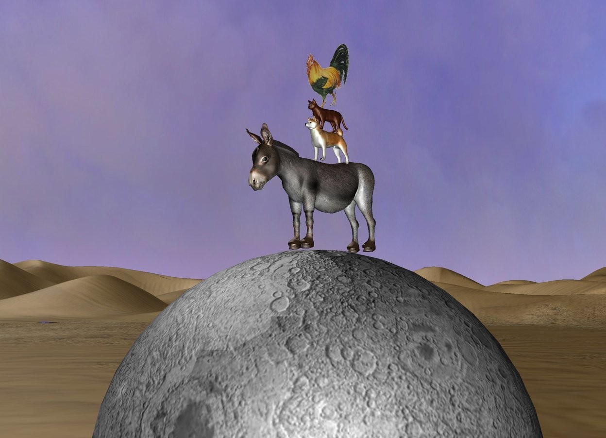 Input text: A tiny Donkey is on the giant moon.
The moon is on desert.
A tiny Dog is on the donkey.
A  tiny cat is on the Dog. 
a tiny rooster is on the cat.
