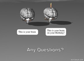 One large brain.  One large brain 1 foot to the right of one large brain. Candle is on one large brain.  