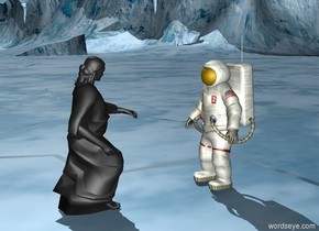 the statue is three feet in front of the astronaut. The statue is facing the astronaut