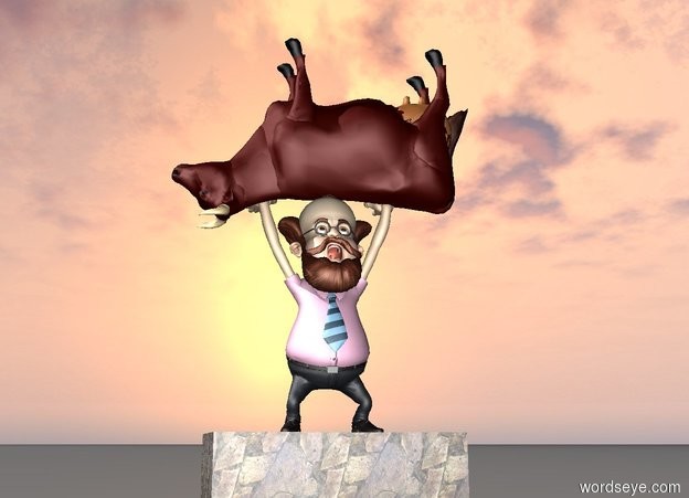 Input text: the professor is on the stone slab.  the cow is -11 inches above the professor. it is upside down. it is facing left. 