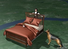 The rabbit is on top of the bed. A dog is one foot to the right of the bed. the dog is facing the rabbit. a man is behind the bed. the man is facing the rabbit. there is a carrot on top of the bed. the carrot is in front of the rabbit