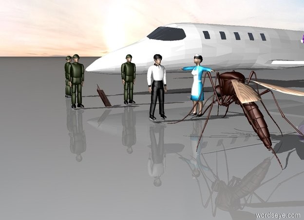 Input text: The spy stands. The very small staircase is ten feet behind the spy. The soldier is two feet to the right of the stairs. The other soldier is two feet to the left of the stairs. The man is ten feet behind the stairs. The plane is two feet to the right of the man. The plane is big. The plane is three feet off the ground. The plane is facing left.  The man is facing right. The man is on the ground. The doctor is three feet to the right of the spy. The doctor is facing the spy. The mosquito is five feet in front of the spy. The mosquito is facing the spy. The mosquito is five feet tall.