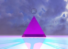 The ground is shiny. There is a transparent magenta pyramid on the ground. It is morning. There is a magenta light above the pyramid. There is a shiny eye 1.5 inches above the pyramid. A very small white shiny transparent star is 2 inches behind the eye and 6.5 inch above the ground. There is a cyan light behind the star. 