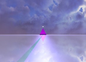 The ground is shiny. There is a transparent magenta pyramid on the ground. It is morning. There is a magenta light above the pyramid. There is a shiny eye 1.5 inches above the pyramid. A very small white shiny transparent star is 2 inches behind the eye and 6.5 inch above the ground. There is a cyan light behind the star. 