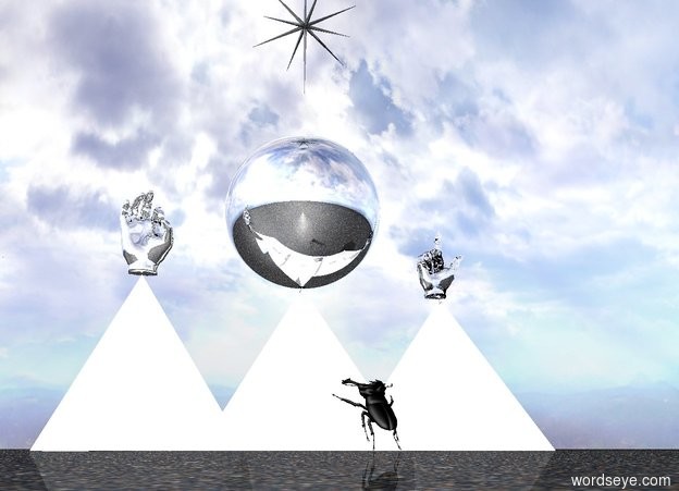 Input text: three enormous mirrored pyramids are on the ground. the ground is sand. there is an enormous silver sphere above the pyramids. there is an enormous silver hand 3.33 feet to the left of the sphere. there is an enormous silver hand 3.33 feet to the right of the sphere. the enormous black north star is 3.33 feet above the sphere. there is an enormous black beetle in front of the pyramids. the beetle is facing the pyramids. the beetle is 3 feet away from the pyramids. the beetle tilts 45 degrees from the back