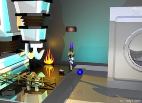 there is a woman on the floor. the large cake is two feet above the woman. the giant robot is four feet to the left of the woman. the blue sphere is one foot to the right and one foot in front of the woman. the large potato is one foot in front and two inches to the left of the woman. the cyan light is inside the sphere. the large black wall is four feet behind the woman. the giant fire is 32 inches behind and 4 feet to the left of the woman. the giant black machine is six feet to the right of the woman. the machine is shiny. the floor is black and shiny. the orange light is inside the fire. there is a metal beam on the floor six feet in front of the woman.