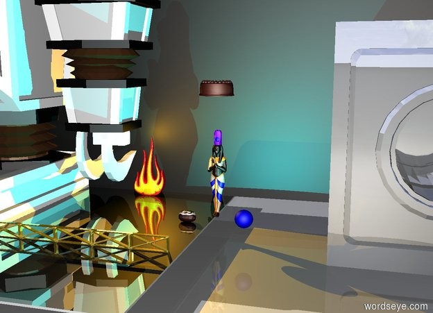 Input text: there is a woman on the floor. the large cake is two feet above the woman. the giant robot is four feet to the left of the woman. the blue sphere is one foot to the right and one foot in front of the woman. the large potato is one foot in front and two inches to the left of the woman. the cyan light is inside the sphere. the large black wall is four feet behind the woman. the giant fire is 32 inches behind and 4 feet to the left of the woman. the giant black machine is six feet to the right of the woman. the machine is shiny. the floor is black and shiny. the orange light is inside the fire. there is a metal beam on the floor six feet in front of the woman.