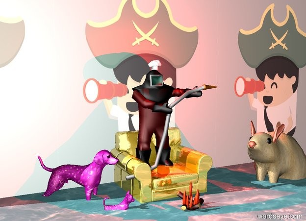 Input text: The man is on a chair. The chair is gold. The large [butt] wall is behind the chair. The fire is in front of the chair. The enormous floor is water. The floor is under the chair. The hat is on the man. The enormous sand mouse is to the right of the chair. The mouse is facing the fire. Two large [glitter] dogs are to the left of the chair. The dogs are facing the fire. There is a red light over the man.