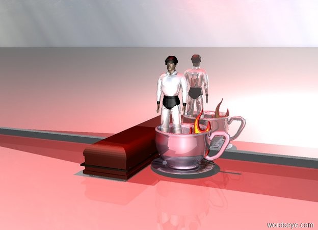 Input text: The extremely tiny glass man is in the glass cup. The tiny fire is in the glass cup. There is a red light on the man. The extremely tiny coffin is to the left of the cup. The tiny silver wall is two inches behind the man. 