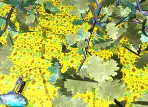 the [sunflower] texture is on the ground. the texture is 10 feet tall. the matte man is -2.5 feet to the right of the matte girl. the girl is leaning 88 degrees to the back.  the man is leaning 90 degrees to the back. the huge matte tree is -40 feet behind the man. it is -60 feet above ground. the enormous teal fish is .05 feet in front of the girl. it is facing right. it is leaning 90 degrees to the left. the maroon light is to the right of the tree. the maroon light is to the left of the tree. the blue light is on top of the fish. the green light is to the right of the fish. the dark green light is to the left of the fish. 