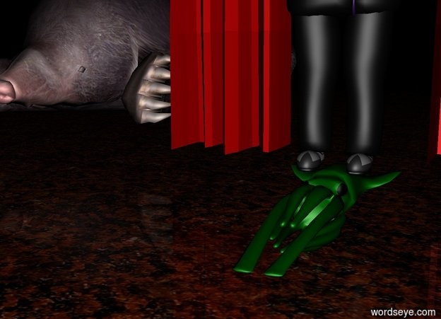Input text: The old man is on the extremely large green squid. It is night..

Red curtains are behind the man.


The ground is liquid.

A gigantic mole is behind and 1 feet to the left of the curtain.