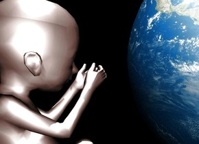 The ground is black. The sky is black. A fetus. The tiny earth is in front of the fetus. A white light is above the fetus. It is night. 