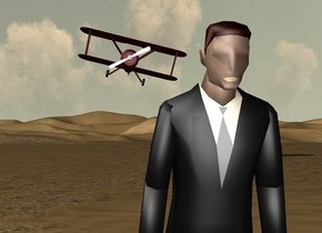 the man is leaning 20 degrees to the front.
his tie is grey. his lip is tan.
the dark red airplane is 60 feet behind and 5 feet above the man.
the airplane is leaning 13 degrees to the left.