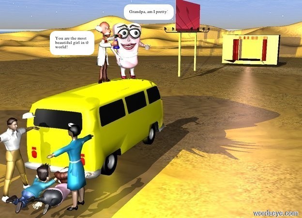 Input text: The yellow Volkswagen bus is facing right. The boy is to the left of the yellow Volkswagen bus. He is facing right. The woman is 2 feet in front of the boy. She is facing back. The first man is behind the boy. He is facing front. The second man is in front of the boy. He is facing right. The stage is 100 feet to the right of the yellow Volkswagen bus. It is facing the yellow Volkswagen bus. There is a fuschia billboard 50 feet to the right of the yellow Volkswagen bus. It is 5 feet behind the yellow Volkswagen bus. The big pink cartoon is on top of yellow Volkswagen bus. It is facing southwest. There is a pink light to the left of the stage. There is a yellow light above the pink cartoon. The third man is 1 foot to the left of the pink cartoon. He is facing front. There is a yellow light below the yellow Volkswagen bus. 