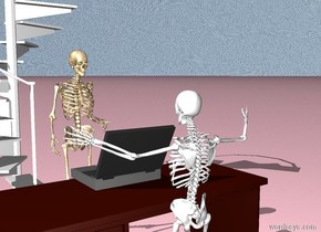 The huge laptop is on the large desk.
The tall skeleton is standing behind the desk.
The laptop is facing the skeleton.
The desk is facing the skeleton.
The sky is water.
The ground is pink.
The stair is 5 feet behind the skeleton.
The stair is 20 feet tall.
The bottle is on the stair.
The bottle is green.
The bottle is 3 feet tall.
There is another skeleton.
The skeleton is in front of the desk. The skeleton is facing the desk.
The skeleton is 10 feet tall.