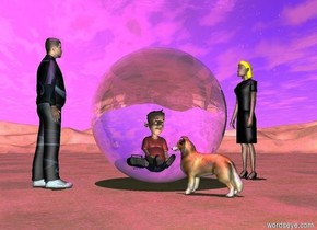 a 15 feet tall clear glass sphere.a boy is 12 feet in the sphere.a radio is left of the boy.a white light is in front of the boy.a 15 feet tall man is 2 feet left of the sphere.the man is facing the sphere.a 14.5 feet tall woman is 3 feet right of the sphere.the woman is facing the boy.the woman's hair is yellow.the boy's shirt is red.the man is texture.a 5 feet tall dog is in front of the sphere.the dog is facing northwest.the ground is grass.the sun's altitude is 85 degrees.the sun is violet.