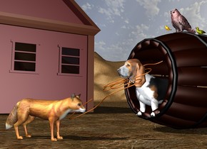 the big barrel is leaning 90 degrees to the right. the big hound is -5 feet above the barrel. it faces left. it is -3.2 feet to the left of the barrel. the big fox is 3.8 feet to the left of the barrel. it is on the ground. it faces southeast. the rope is -2.5 feet to the left of the hound. it faces front. it leans 30 degrees to the right. the big brown cabin is 20 feet behind the fox. the ground is matte dirt. the maroon owl is on top of the barrel. it faces left. the orange sparrow is to the left of the owl. it faces left. the tiny olive albatross is to the right of the owl. it faces left.