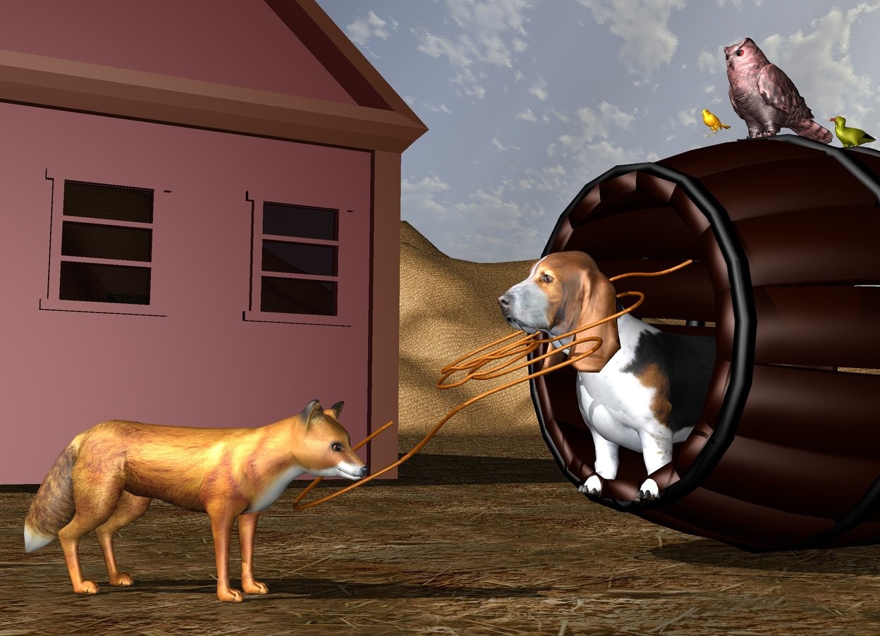 Input text: the big barrel is leaning 90 degrees to the right. the big hound is -5 feet above the barrel. it faces left. it is -3.2 feet to the left of the barrel. the big fox is 3.8 feet to the left of the barrel. it is on the ground. it faces southeast. the rope is -2.5 feet to the left of the hound. it faces front. it leans 30 degrees to the right. the big brown cabin is 20 feet behind the fox. the ground is matte dirt. the maroon owl is on top of the barrel. it faces left. the orange sparrow is to the left of the owl. it faces left. the tiny olive albatross is to the right of the owl. it faces left.