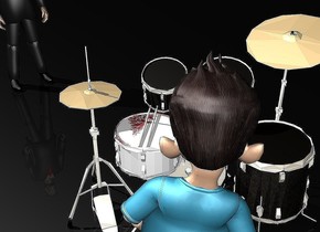 the drum kit. the ground is black. the sky is black. the boy is in front of the drum kit. he is facing back. the man is 3 feet behind and 3 feet to the left of the drum kit. he is facing southeast. the snare drum of the drum kit has a [blood] texture. the [blood] texture is 2 feet tall.