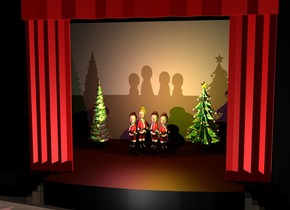 there is a huge stage. the first santa claus is -35 feet above the stage. he is 8 feet tall and 3 feet wide. he is facing southwest. the first huge head is -2.3 feet above the first santa claus. the hair of the first huge head is bright red orange. the second santa claus is -1.5 feet to the right of the first santa claus. he is 7 feet tall and 3 feet wide. he is facing southeast. the second huge head is -1.6 feet above the second santa claus. the hair of the second huge head is bright yellow. the black wall of the stage. the red curtain of the stage. the third santa claus is -8 inches to the left of the first santa claus. he is 8.5 feet tall and 3 feet wide. he is facing southeast. the third huge head is -1.8 feet above the third santa claus. the hair of the third huge head is bright yellow. the fourth santa claus is -1.5 feet to the left of the third santa claus. he is 7 feet tall and 3 feet wide. he is facing southwest. the fourth huge head is -1.6 feet above the fourth santa claus. the first big christmas tree is 5 feet to the left and 1 foot behind the fourth santa claus. the second big christmas tree is 5 feet to the right and 1 foot behind the first santa claus. the ground is wood. the staircase of the stage is wood. the yellow light is 3 feet in front and 3 feet above the second santa claus. the hot pink light is 3 feet in front and 3 feet above the fourth santa claus. the matte wall of the stage is unreflective. the bright white light is 6 feet in front and -40 feet above the stage. the camera light is black. 